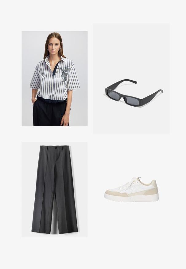 Žena se rovnými hnědými vlasy nosí bílou a modrou vertikálně pruhovanou košili s květinovou výšivkou, zastrčenou do černých kalhot, stojí se rukou v kapse.; Kalhoty s širokými nohavicemi vyrobené z tmavě šedé látky, s knoflíkovým zapínáním, předními sklady a poutky na pásek. Hladká textura s přizpůsobeným střihem.; Bílé sportovní boty s hladkým koženým svrškem a zaměřením na semiš, kulatá špička a texturovaná gumová podrážka. Tkaničky umístěné uprostřed.; Černé obdélníkové sluneční brýle s tmavými skly a tlustými matnými rámy. Stranice jsou mírně zúžené s hladkým povrchem.