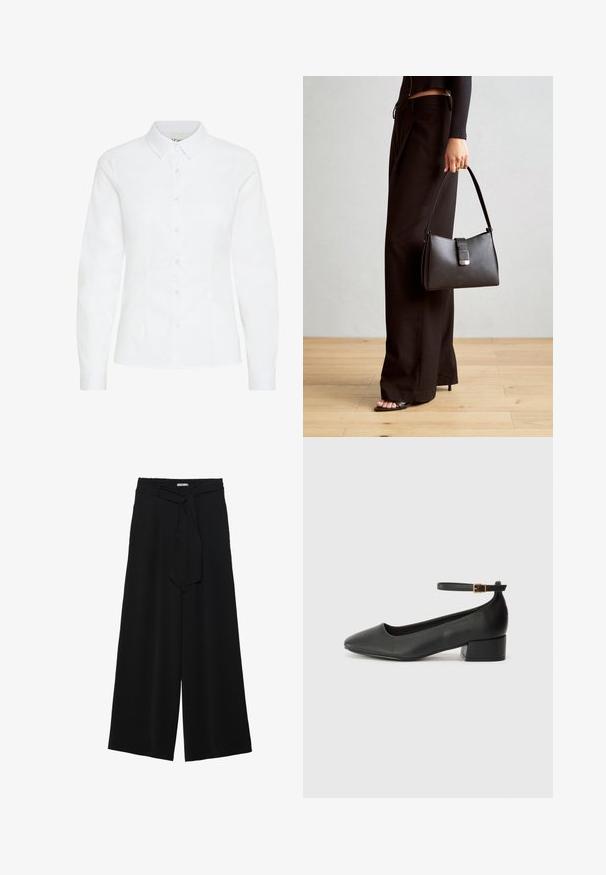 Camisa blanca de botón hecha de una tela suave. Presenta mangas largas, un cuello clásico y seis botones frontales con un diseño ajustado.; Pantalones de pierna ancha negros con un tejido texturizado, una cinturilla elástica y un lazo desmontable en la cintura para un ajuste ajustable.; Zapato de tacón negro de cuero con punta afilada y tacón bajo cuadrado. Presenta una correa para el tobillo con una hebilla en tono dorado. Textura suave.; Bolso negro con forma estructurada, textura suave y un cierre metálico. Combinado con pantalones anchos negros y sandalias de dedo en un suelo de madera.