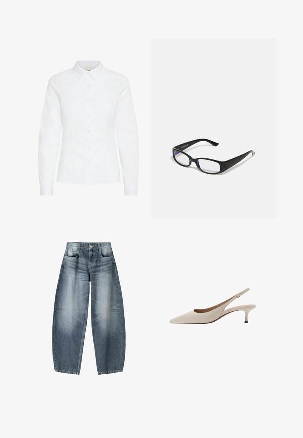 Cămașă albă cu nasturi, dintr-un material neted. Prezintă mâneci lungi, un guler clasic și șase nasturi în față, având un design ajustat.; Blugi evazați din denim albastru deschis cu estompare, având un design cu cinci buzunare, închidere cu nasturi și detalii de coasere minime.; Tocuri bej cu toc înclinare, cu vârf ascuțit și un toc jos, evazat. Fabricate din piele netedă, cu un design minimalist și curea ajustabilă.; Ochelari dreptunghiulari negri cu lentile clare. Finisaj lucios, brațe înguste și nuanță purpurie vizibilă la marginea lentilelor.