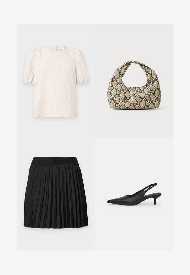 Puff-sleeve top in light beige with floral embroidery. Features a round neckline and a discreet back zip closure. Soft, textured fabric.; Black pleated skirt with a smooth texture, featuring a solid black waistband and an embossed logo detail at the front.; Black leather slingback shoe with a pointed toe and a slim, curved heel. Features a discrete adjustable strap with a metal buckle.; Snake-print handbag with a curved handle. Made from textured, beige and brown materials, featuring a distinctive diamond pattern.