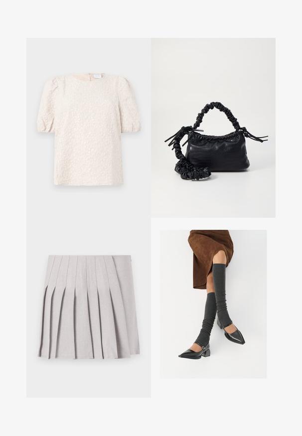 Blouse met pofmouwen in licht beige met bloemige borduursels. Heeft een ronde halslijn en een discrete ritssluiting aan de achterkant. Zachte, gestructureerde stof.; Grijze geplooide rok met een soepele textuur, voorzien van meerdere verticale plooien en een aansluitende taille. Gemaakt van lichte stof.; Zwarte gepatineerde leren pumps met een puntige neus, een blokhak en een enkelbandje, gecombineerd met grijze geribde beenwarmers en een bruine suède rok.; Zwarte nepleer handtas met een krokodillenstructuur, opgedroogde bovenkant en een gekreukte hengsel. Het lijkt zacht en compact van ontwerp.