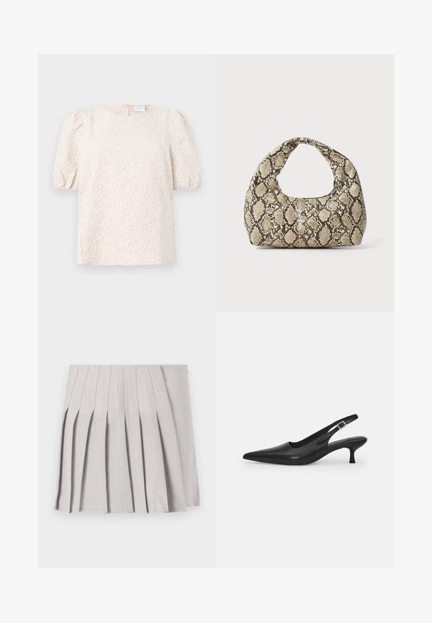 Top a maniche puff in beige chiaro con ricami floreali. Presenta un collo rotondo e una chiusura con zip discreta sul retro. Tessuto morbido e testurizzato.; Gonna pieghettata grigia con una texture liscia, caratterizzata da molteplici pieghe verticali e una vita aderente. Realizzata in un tessuto leggero.; Scarpa slingback nera in pelle con punta affusolata e tacco sottile e curvato. Presenta una discreta fascia regolabile con una fibbia in metallo.; Borsa a stampa rettile con manico curvo. Realizzata in materiali testurizzati beige e marroni, presenta un distintivo motivo a rombi.