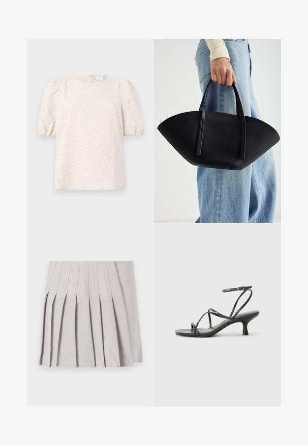 Paita avec des manches bouffantes en beige clair avec broderie florale. Dotée d'un col rond et d'une fermeture éclair discrète au dos. Tissu doux et texturé.; Harmaa laskostettu hame, jossa on sileä pinta, useita pystysuoria laskoksia ja kapea vyötärö. Valmistettu kevyestä kankaasta.; Mustat korkokengät ohuilla hihnoilla, avonaisella kärjellä ja pienellä, levenevällä korolla. Materiaali näyttää sileältä ja kiiltävältä.; Musta nahkainen käsilaukku, jossa on ainutlaatuinen tuulihattukuvio, jossa on litteät kahvat. Pinnassa on karkeapintainen rakenne ja minimalistinen muotoilu.