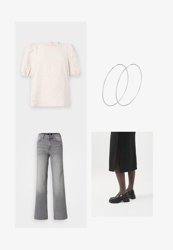 Pufærmet top i lys beige med blomsterbroderi. Har en rund halsudskæring og en diskret lynlås i ryggen. Blødt, tekstureret stof.; Højtaljede grå denim jeans med lige ben, med frontknap og lynlås, foran og bagpå lommer, samt nedtoning på lår og lægge.; Sorte lædersko med rund tå, kraftig blokhæl og elastiske sideaccentuer, parret med mørke strømpebukser og en sort nederdel med slids.; Sølvøreringe med et minimalistisk design. Cirkulær form, glat tekstur og tynd profil. Letvægtige med en poleret overflade.