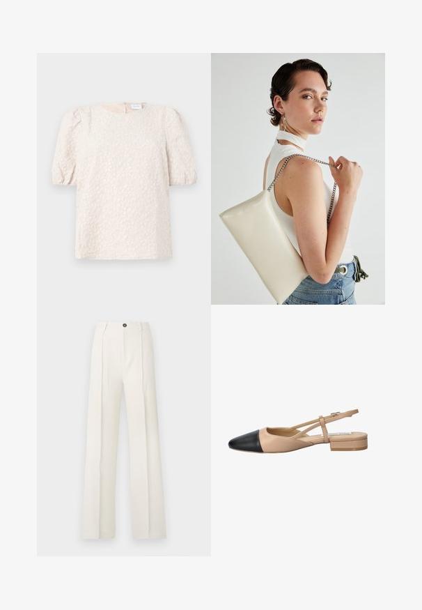 Top a maniche puff in beige chiaro con ricami floreali. Presenta un collo rotondo e una chiusura con zip discreta sul retro. Tessuto morbido e testurizzato.; Pantaloni bianchi a gamba larga con vita alta, caratterizzati da due pinces frontali, chiusura con un bottone e tasche. Tessuto a trama liscia.; Scarpa slingback bicolore beige e nera con punta affilata, tacco piatto e dettaglio a fascia incrociata. Texture in pelle liscia.; Borsa a pochette rettangolare bianca realizzata in materiale lucido, con una tracolla in catena argentata. Il modello posa, mostrando la borsa su uno sfondo semplice.