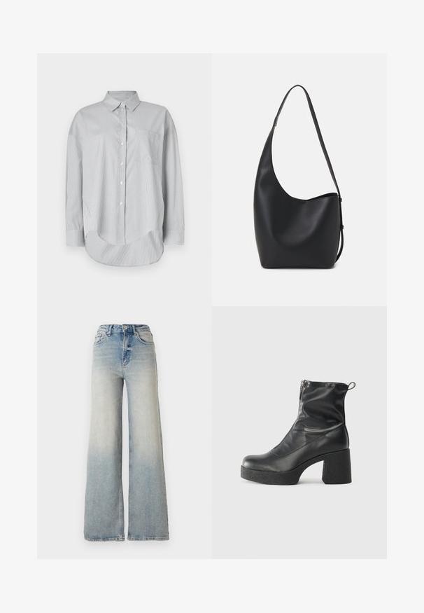 Pilkšai pilkas mygtukų marškiniai, pagaminti iš lygaus audinio. Yra plonos vertikalios juostelės, krūtinės kišenė ir išlenktas apatinis kraštas. Ilgos rankovės.; Šviesiai mėlynus plačius džinsus, pagamintus iš džinsinio audinio, su aukštu liemeniu, penkiomis kišenėmis ir matomais siūlėmis.; Juodos kulkšninių botai, pagaminti iš lygaus odos, su šoniniu užtrauktuku, masyviu tekstūruotu kulnu ir apvaliu pirštu.; Juodas odinis hobo maišas su lygiu paviršiumi, kreipta forma ir viena reguliuojama rankena; turi platų atidarymą viršuje.