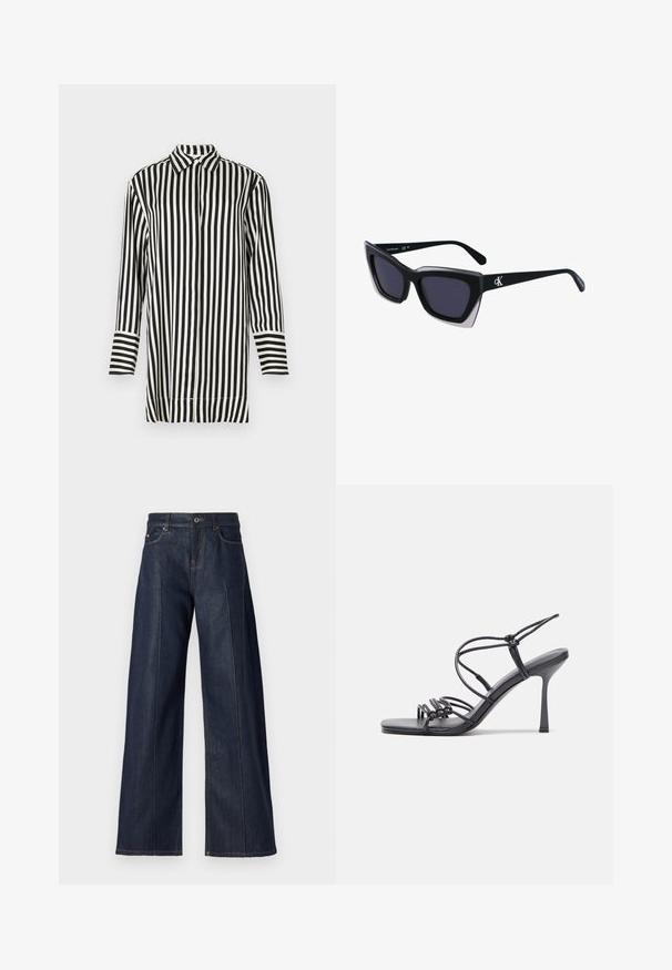 Mustapankama-raita paita, jossa on terävä kaulus, pitkät hihat ja napitus edessä. Sisältää vuorotellen leveitä ja kapeita raitoja.; Vaatimattomat tummansiniset farkut, joissa on leveät lahkeet ja sileä pinta. Farkuissa on viisi taskua, nappi ja erivärinen tikkaus saumoissa.; Mustat korkokengät sandaalit, joissa on ohuet hihnat solmittuna, sileä neliön muotoinen varvasosa ja tyylikäs stiletto-korko.; Mustat ylisuuret aurinkolasit, joissa on geometrinen muoto, tummat linssit ja kehykseen erottuva harmaa yksityiskohta. Logo varressa.