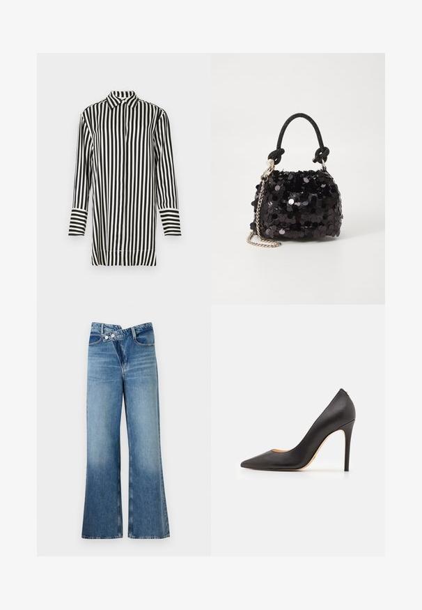 Černobílý pruhovaný svetr s špičatým límcem, dlouhými rukávy a knoflíkovým zapínáním vpředu. Obsahuje střídající se široké a úzké pruhy.; Světle modré riflové zvonové džíny s vysokým pasem, mají dva knoflíky a přední kapsy. Látka má vybledlý povrch s jemnými variacemi.; Černé kožené lodičky s vysokým podpatkem a špičatou špičkou, s hladkým povrchem, štíhlým podpatkem a minimalistickým designem.; Černá mini kabelka s flitry, s uzlovým texturovaným popruhem a stříbrným řetízkem. Zaoblený tvar s nařaseným vrchem a reflexními detaily.