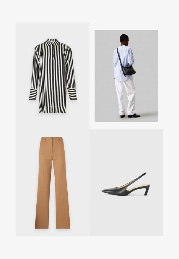 Camicetta a righe bianco e nero con colletto a punta, maniche lunghe e chiusura frontale con bottoni. Presenta righe alternate larghe e strette.; HUGO HULANA - Chino - open brown; Scarpa slingback nera con punta affilata e tacco basso, realizzata in pelle liscia e con un design a taglio laterale per favorire la traspirabilità.; Borsa a tracolla in pelle nera con una texture morbida, forma triangolare e tracolla regolabile, abbinata a una camicia a righe blu chiaro e pantaloni bianchi.