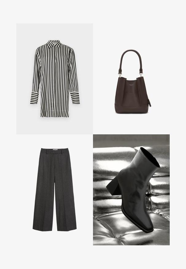 Černobílý pruhovaný svetr s špičatým límcem, dlouhými rukávy a knoflíkovým zapínáním vpředu. Obsahuje střídající se široké a úzké pruhy.; Široké kalhoty v tmavě šedé tkanině. Mají upravený pas s poutky na pásek, hladkou strukturu a minimalistické švy.; Černá kotníková bota vyrobená z lesklého materiálu se čtveratou špičkou a zúženým podpatkem, umístěná na lesklém stříbrném prošívaném pozadí.; Carlheim ADALINE - Kabelka - brown