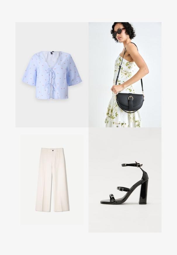 Modra in bela prugasta skrajšana bluzica z širokimi rokavi, V-izrezom in vrvico spredaj. Ima majhno cvetlično vezenje v rdeči in zeleni barvi.; Kremne široke hlače s krojem, ki vključujejo dve sprednji žepi in en sprednji gumb za zapiranje, izdelane iz gladkega blaga.; Črne lakaste sandale z visokimi petami, z dvema trakovoma z zaponkama, kvadratnim sprednjim delom in masivno širšo peto, z gladko, sijočo teksturo.; Črna usnjena torbica s ukrivljeno obliko, z odstranljivo naramnico in zlatimi dodatki. Torbica ima pokrov s podrobnostmi v obliki zaponke.