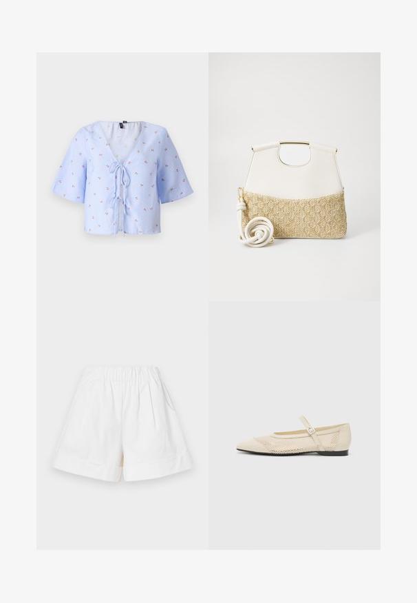 Blå og hvit stripete cropped bluse med vide ermer, v-hals og snor foran. Har små blomsterbroderier i rødt og grønt.; Hvite bomullsshorts med elastisk midje, to sidelommer og brettede mansjetter. Folds design gir tekstur og dimensjon.; Beige ballettflats med spiss tå, mesh-design over, og en side spenne stropp. Flat såle med en glatt tekstur.; Hvit lærveske med en teksturert kremfarget vevd bunn. Har en gullfarget håndtak og en spiralformet hvit stropp for allsidighet.