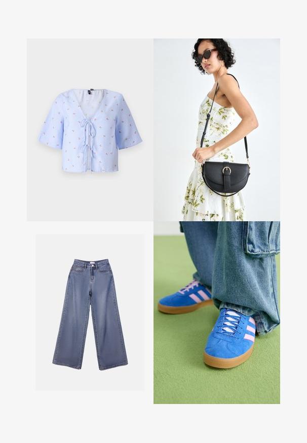 Zila un balta svītraina īsa blūze ar platām piedurknēm, V veida kakla izgriezumu un aukliņu priekšā. Iekļauj nelielus ziedu izšuvumus sarkanā un zaļā krāsā.; Platas kājas denima bikses gaiši zils mazgājumā, ar augstu jostasvietu, priekšējām kabatām un pogu aizdari ar jostas cilpiņām.; Zilas zamšādas kurpes ar rozā svītrām un baltām šņorēm, aprīkotas ar gumijas zoli, kopā ar brīvām džinsu biksēm uz zaļas virsmas.; Melnas ādas rokassoma ar izliekta formu, noņemamu siksnu un zelta aksesuāriem. Somai ir vāciņš ar sprādzes detaļu.