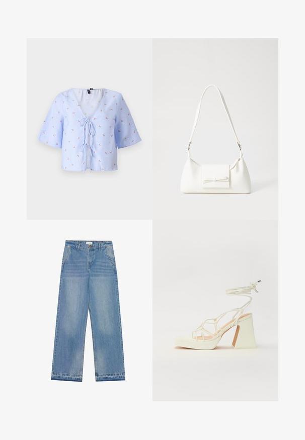 Modra in bela prugasta skrajšana bluzica z širokimi rokavi, V-izrezom in vrvico spredaj. Ima majhno cvetlično vezenje v rdeči in zeleni barvi.; Svijetloplave traperice visokog struka širokih nogavica s kopčanjem na dugme, prednjim džepovima, petljama za remen i suptilnim oštećenjima.; Bela sandala na visokih petah s debelim petam, ki ima obliko trakcev in vezanje okoli gležnja. Gladka tekstura z platformo spredaj za dodatno višino.; Bela sintetična torbica v obliki trikotnika, z ravnim sprednjim poklopcem in detajlom mašne, nastavljivim trakom, gladko teksturo in minimalističnim dizajnom.