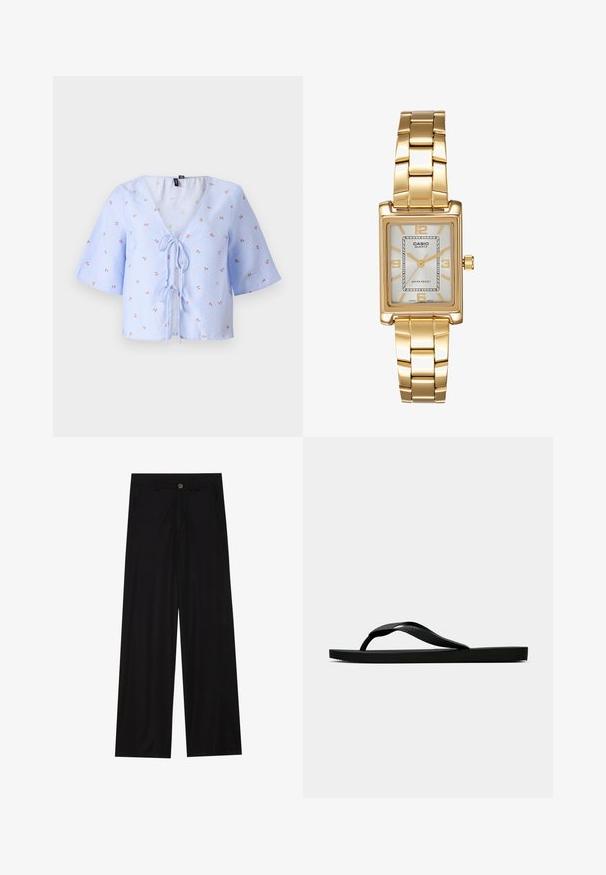 Blå og hvit stripete cropped bluse med vide ermer, v-hals og snor foran. Har små blomsterbroderier i rødt og grønt.; Bredde ben sorte bukser laget av et glatt stoff, med frontlommer og knappelukking i midjen. Minimalistisk design uten mønstre.; Svarte gummiflip-flopsandaler med en teksturert stropp og enkel flat såle, vist fra siden på en enkel lys bakgrunn.; Gullfarget rektangulær klokke med hvit urskive, sølvfargede timeindikatorer og et slitesterkt metallarmbånd. Vanntett funksjon inkludert.