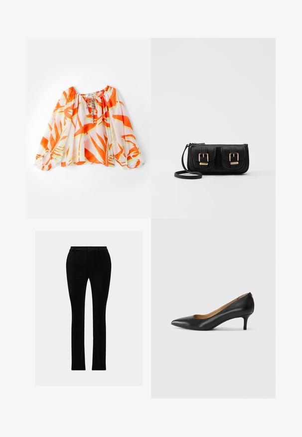 Lichte off-the-shoulder blouse met een oranje en groene tropische bladerenpatroon, elastische manchetten en een trekkoord-halslijn. Zachte stoftextuur.; Zwarte broek van een gladde, fluweelachtige stof. Gepassedeerde pasvorm met een rechte pijp, uitgerust met een traditionele tailleband en riemlussen.; Zwarte leren pump met een puntige teen, lage hak en een gladde textuur. Heeft een lichte opening aan de voorkant en minimale hardware aan de achterkant.; Zwarte leren schoudertas met twee vo pockets, gouden gespen, ritsluiting en een smalle band. Tekstuur oppervlak en compacte rechthoekige vorm.