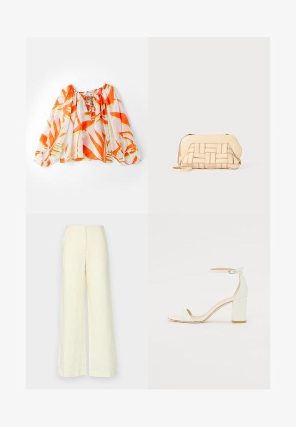 Lengvas, bepečių bliusonis su oranžiniais ir žaliais tropiniais lapų raštais, elastingomis rankogaliais ir raišteliu kakle. Minkšta audinio tekstūra.; Faithfull the brand LULEA PANT - Kelnės - white; Baltos odos blokinio kulno sandalai, su kulkšnies dirželiu ir sagtimi, minimalistinio dizaino. Atvira pirštų dalis ir sklandžios tekstūros visoje. ; Austintais bežinis rankinukas su struktūrizuotu dizainu, turintis lygią viršutinę dalį ir ilgas diržas. Tekstūruoti elementai pagerina bendrą išvaizdą.