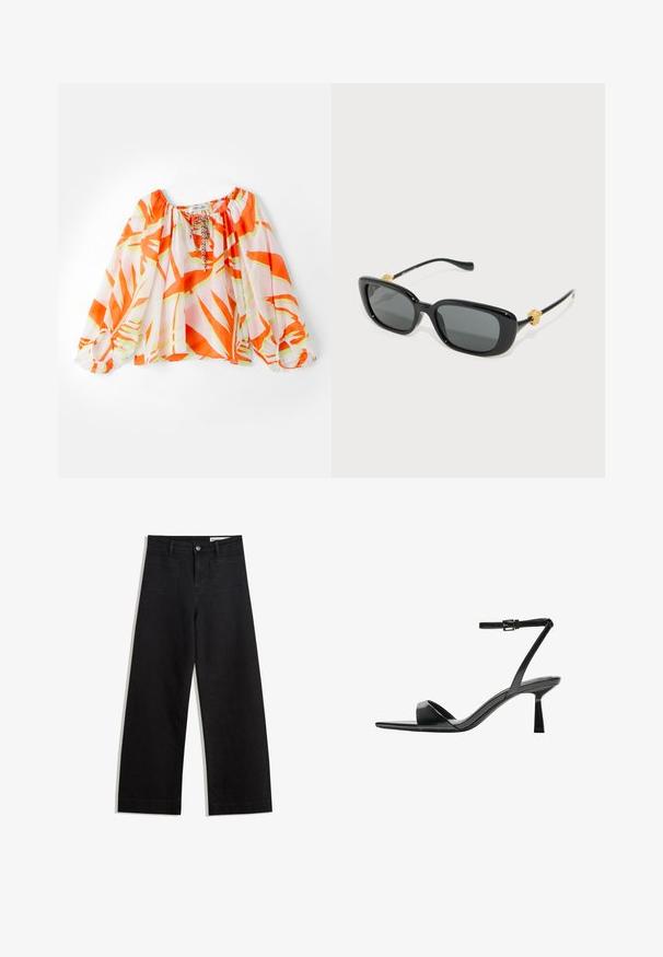 Lagana bluzica bez naramenica s tropskim uzorkom narančastih i zelenih listova, elastičnim manžetama i vezicom oko vrata. Mekana tekstura tkanine.; Crne široke traperice s visokim strukom, s prednjim i stražnjim džepovima, šivenim šavovima i kopčanjem na gumb. Glatka tekstura.; Bershka Sandale s visokom petom - black; Crne pravokutne sunčane naočale sivoj leće i zlatnim naglascima s glavom lava na sljepoočnicama. Glatki plastični okvir, elegantan dizajn.