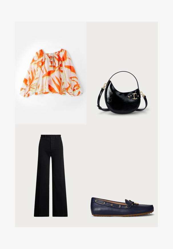 Blusa leggera scoperta sulle spalle con motivo tropicale a foglie arancioni e verdi, polsini elastici e scollatura con cordoncino. Morbida texture del tessuto.; Pantaloni neri a gamba larga realizzati in tessuto intrecciato, con vita alta, chiusura anteriore con bottone e tasche laterali. Texture liscia con linee pulite.; Mocassini in pelle blu navy con punta arrotondata, hardware dorato e lacci decorativi. Suola in gomma con piccoli punti di trazione. Texture liscia.; Borsa a mano in pelle verniciata nera con forma curvilinea, tracolla regolabile e dettagli in hardware color oro sul lato. Texture liscia e lucida.