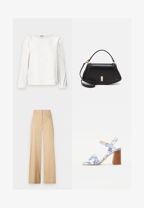 DRYKORN NIALINI - Bluse - ecru; Beige weite Hosen aus Baumwollmischgewebe. Sie haben eine glatte Textur, einen elastischen Bund und eine seitliche Knopfdetail.; Blaue sandaletten mit Blumenmuster, quadratischer Zehenpartie, breitem Riemen und verstellbarem Knöchelriemen, ausgestattet mit einem strukturierten Holzblockabsatz.; Schwarze Lederhandtasche mit einem strukturierten Design, das eine verkürzte Form, einen oberen Griff und goldfarbene Hardware-Details aufweist. Verstellbarer Schulterriemen ist enthalten.