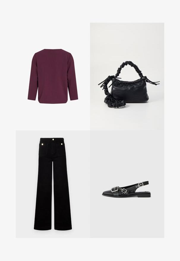 Mørkeblå langærmet top med rund halsudskæring, glat tekstur og en afslappet pasform. Har en lige snit med sideslids ved kanten.; Sorte flared jeans lavet af denim, med høj talje, to forlommer og guldfarvede hardwaredetaljer. Glat tekstur, bred bendesign.; Sorte læderslingbacksko med spids tå, to sølvspænder og en lav blokhæl. Har en struktureret overdel og åben bag.; Sort kunstlæder håndtaske med krokodilteksur, indsnøret top og en sammenkrøben rem. Ser blød og kompakt ud i designet.