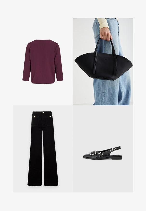 Mélykék, hosszú ujjú felső, kerek nyakkivágással, sima textúrával és laza fit-tel. Egyenes szabása van, az alján oldalt hasítékkal.; Fekete, trapéz szabású farmernadrág, magas derékkal, két elülső zsebbel és aranyszínű fém részletekkel. Sima textúra, széles lábszár kialakítás.; Fekete bőr slingback cipő, hegyes orral, két ezüst csattal és alacsony blokk sarkú. Texturált felsőrésszel és nyitott háttal rendelkezik.; Fekete bőr kézitáska egyedi legyezőformával, lapos füllel. A felülete kőriszerű textúrájú és minimalista dizájnnal rendelkezik.