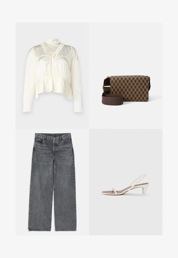 Trumpu kreminiu bluzonu su ilgomis rankovėmis, aukštu apykakle, raukšlėmis krūtinės srityje ir lygios, tekstūruotos medžiagos.; Platus kojų džinsai tamsiai pilko džinsinio audinio. Yra aukšta liemenė, penkių kišenių dizainas ir priekinis sagčių uždarymas. Lygus paviršius su subtiliu dėvėjimosi efektu.; Baltos slingback šlepetės su lengvu kulnu, plonais dirželiais ir lygia odos tekstūra; turi mažą dekoratyvinę sagtelę.; Rudas raštuotas petinis krepšys su geometriniu dizainu, tekstūruota paviršiumi ir nuimamu diržu, puikuojančiu žuvų kaulų raštu. Auksiniai aksesuarai.