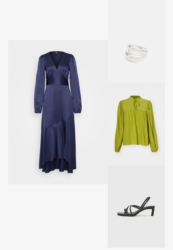 Žalia, ilgarankovė bluzonė su aukštu kaklu ir raiščio detale. Tekstūruota medžiaga, su surinktu, laisvu prigludimu ir elastinėmis rankovėmis.; Tamsiai mėlynas satino midi sijonas su ilgomis pūstomis rankovėmis, giliais V formos iškirpėmis ir daugiasluoksne sijono konstrukcija, turinčia aukštesnę priekį ir žemesnę nugarą.; Juodi šlepetės su kvadratiniu pirštu ir žemu bloku kulnu. Yra keli ploni dirželiai ir reguliuojamas kulkšnies diržas. Pagaminti iš lygios odos.; Juodas odinis per petį nešiojamas krepšys turi lygų paviršių, stačiakampio formą ir metalinę grandinėlę priekyje. Pridedama reguliuojama dirželis.; Sidabrinis dvigubas žiedas su lygiu, poliruotu paviršiumi. Pasižymi sklandžiu, kreiptu dizainu su persipinančiomis dalimis, suteikiančiomis modernų išvaizdą.