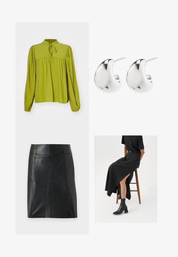 Green, long-sleeved blouse with a high neck and a tie detail. Textured fabric with a gathered, loose fit and elastic cuffs.; Black leather skirt with a fitted design. Smooth texture, seams outlining shape, and a straight hem. Minimalistic and sleek appearance.; Black linen maxi skirt with a high slit, worn with a black t-shirt and black ankle boots. Minimalistic design with a relaxed fit.; Silver stud earrings with a smooth, curved design. They feature a polished finish and a post backing for secure wear.