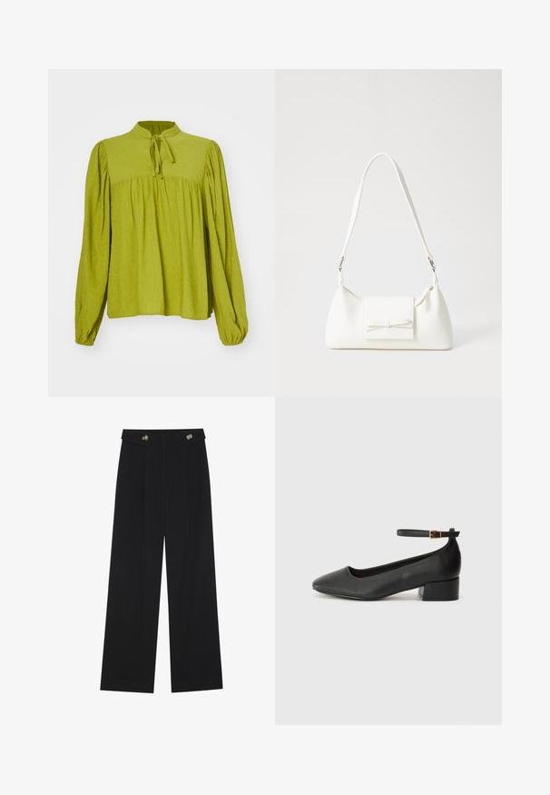 Green, long-sleeved blouse with a high neck and a tie detail. Textured fabric with a gathered, loose fit and elastic cuffs.; Black wide-leg trousers with high waist, button details on waistband, and front pleats.; Black leather pump with a pointed toe and a low block heel. Features an ankle strap with a gold-tone buckle. Smooth texture.; White synthetic handbag with a triangular shape, flat front flap and bow detail, adjustable strap, smooth texture, and minimalistic design.