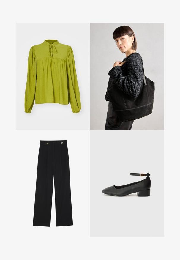 Vihreä, pitkähihaine paita, jossa on korkea kaulus ja nauhavihje. Rakenteellinen kangas, jonka leikkaus on rennosti laskostettu ja elastiset hihat.; Mustat leveälahkeiset housut, joissa on korkea vyötärö, napit vyötärönauhassa ja etupuolella laskokset.; Mustat nahkakengät, joissa on terävä kärki ja matala lohkare korko. Varustettu nilkkahihnalla, jossa on kultasävyinen solki. Lisää sileä pinta.; Musta mokkanahkainen laukku, jossa on sileä pinta, jämäkkä muoto ja kontrastivärinen ommel. Varustettu pitkillä hihnoilla olalla kantamista varten.