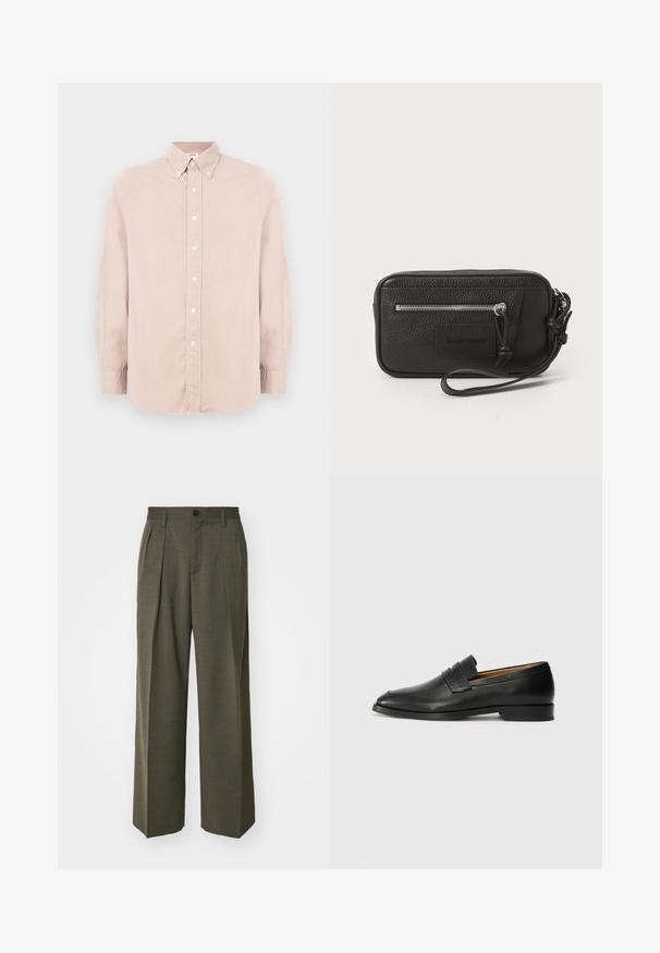 Light pink button-up shirt with long sleeves, collared neckline, and white buttons. Made from smooth fabric with a regular fit.; Filippa K WIDE TROUSERS - Trousers - driftwood; Black leather loafer with a rounded toe, subtle stitched detailing, and a low heel, featuring a smooth texture and minimalist design.; Black leather clutch with textured surface, front zip pocket, and detachable wrist strap. Features a logo patch on the front. Rectangular shape.