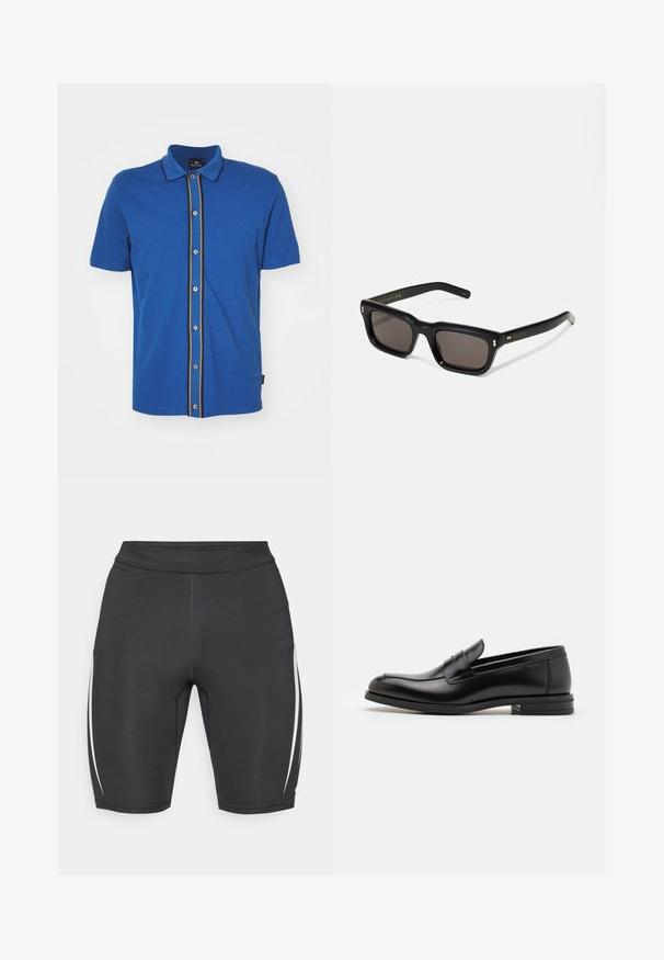 PS Paul Smith BUTTON FRONT - Overhemd - blue; Grijze T-shirt met korte mouwen, gemaakt van zacht, textuurstof. Heeft een klassieke ronde hals en een rechte zoom, geschikt voor casual dragen.; Zwarte sportieve shorts met witte zijkanten, gemaakt van rekbare stof, met een hoge tailleband en een aansluitend ontwerp voor comfort.; Zwarte leren instappers met een gladde textuur, ronde neus en een decoratieve band over de wreef. Lage, gestapelde hak en minimalistisch ontwerp.; Zwarte rechthoekige zonnebril met donkere lenzen, een dik plastic montuur, gouden accenten op de veren en het merkembleem gegraveerd op de arm.