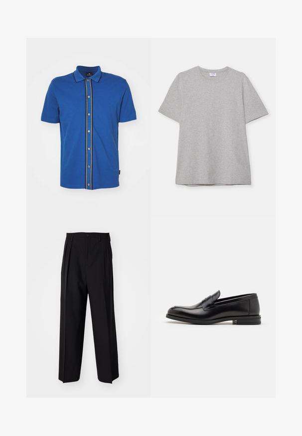 PS Paul Smith BUTTON FRONT - Overhemd - blue; Grijze T-shirt met korte mouwen, gemaakt van zacht, textuurstof. Heeft een klassieke ronde hals en een rechte zoom, geschikt voor casual dragen.; Zwarte geplooide broeken met een rechte, brede pijpontwerp. Gemaakt van soepele stof, met een knoopsluiting en riemlussen.; Zwarte leren instappers met een gladde textuur, ronde neus en een decoratieve band over de wreef. Lage, gestapelde hak en minimalistisch ontwerp.