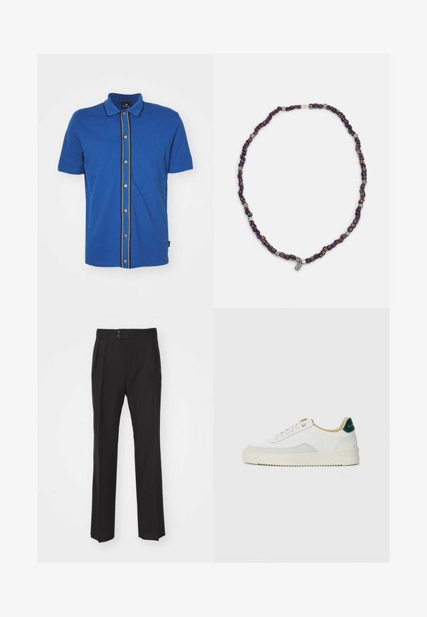 PS Paul Smith BUTTON FRONT - Chemise - blue; Pantalons noirs ajustés avec une coupe droite, deux poches avant et une fermeture à double bouton à la taille. Tissu au toucher lisse.; Baskets blanches avec des accents en daim, bout arrondi, lacets plats et semelle en caoutchouc crème. Présente une marque verte sur le talon.; Collier en perles multicolores avec des perles bleu foncé, rouge et jaune, entrecoupées d'accents en argent et d'un charme pendentif.