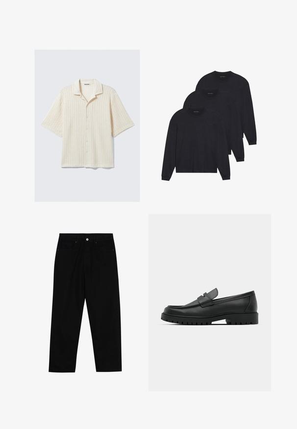 Lyhythihainen napillinen paita vaalean kermanvärisenä, jossa on ribbikuvio. Varustettu taitetulla kauluksella ja viidellä etunapilla. Rentoa muotoilua.; Kolme mustaa pitkähihasta paitaa, valmistettu pehmeästä kankaasta, joissa on pyöreät pääntiet ja istuvat hihansuut. Minimalistinen muotoilu ilman näkyviä kuvioita.; Mustat farkut suoraan lahkeella, viisi taskua ja etunappikiinnitys. Sileä rakenne, jossa on vain vähäisiä ompelualueita.; Musta nahkaloafers, joissa on pyöreä kärki, ommeltu pinta, matala alusta ja kuvioitu, kuminen ulkopohja.