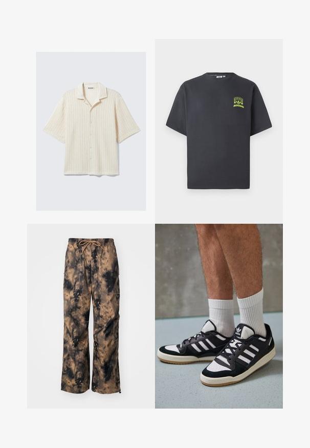 Kreminės spalvos trumpomis rankovėmis mygtukinė marškiniai su raukšlėta tekstūra. Yra su lenktu apykakle ir penkiais priekiniais mygtukais. Kasdienis dizainas.; Anglies pilkos spalvos Adidas marškinėliai trumpomis rankovėmis su mažu neoninės žalios spalvos grafikų, vaizduojančiu garsiakalbius, saulę ir Adidas logotipą, kairėje krūtinės pusėje.; Rudos ir juodus tieliršius kelnes su plačiu kojų dizainu, elastinga juosmens dalimi ir raišteliu. Yra priekinės kišenės ir tekstūruotas audinys.; Juodos ir baltos sportinės bateliai su zomšiniu ir odiniu viršumi, su trimis baltomis juostelėmis, perforuota koja ir guminėmis padais.