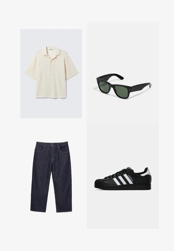 Krátký rukáv, košile na knoflíky v krémové barvě s žebrovanou texturou. Obsahuje sklopený límeček a pět předních knoflíků. Neformální design.; Tmavě modré džíny s rovnými nohavicemi, s předním zapínáním na knoflík a zip, a pěti kapsami, vystavené na bílém pozadí.; Černé tenisky Adidas Superstar se bílými pruhy, špičkou ve tvaru skořápky a textem "Superstar" na boku, zobrazené v bočním profilu na bílém pozadí.; Černé obdélníkové sluneční brýle se zelenými skly, matným povrchem, nenápadnými kovovými akcenty a Embosovaným logem na stranicích.