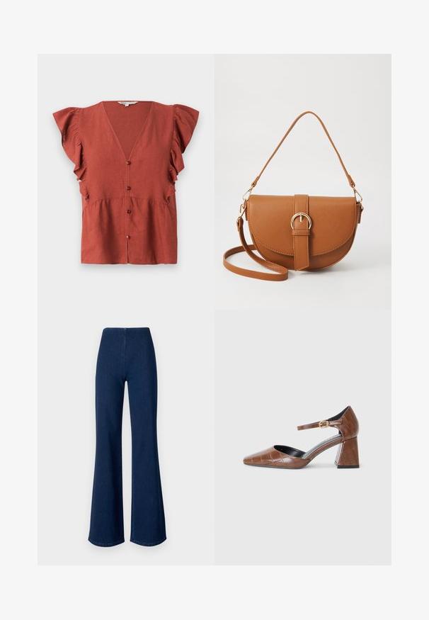 Rust-colored blouse made of textured fabric, featuring a V-neck, ruffled sleeves, and button closure down the front.; Dark blue flared jeans made of denim with an elastic waistband. Features a smooth texture and wide leg design extending to the hem.; Brown patent leather pump with a square toe, textured croc pattern, ankle strap with gold buckle, and a chunky heel.; Brown leather crossbody bag with a curved shape, gold hardware, and a buckle accent. Features a detachable shoulder strap.