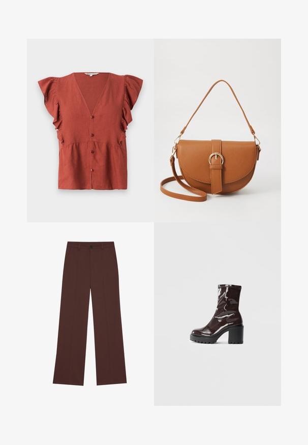 Blouse couleur rouille en tissu texturé, avec un col en V, des manches volantées et une fermeture à boutons sur le devant.; Pantalons larges en tissu brun riche. Équipés d'une fermeture à bouton, de deux poches avant, d'une texture lisse et de lignes épurées.; Bottines bordeaux brillantes à talon épais noir, avec une texture lisse et un design simple. Aucune fermeture visible ni motifs.; Sac bandoulière en cuir marron avec une forme incurvée, quincaillerie dorée et un accent en boucle. Comprend une bandoulière détachable.