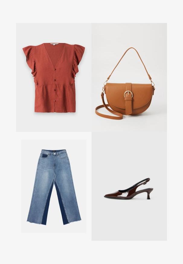 Rudos spalvos bliuska, pagaminta iš tekstūruoto audinio, su V formos iškirpte, raukiniais ant rankovių ir mygtukų uždarymu priekyje.; Šviesiai mėlynos plačiakančios džinsai su kontrastingais tamsiai mėlynais įdėklais, suplėšytais kraštais ir standartine liemeniu su metaliniu užsegimu.; Rudos lakuoti odiniai slingback batai su smailiu pirštu ir vidutinio aukščio kulnu. Yra sagties dirželis, užtikrinantis tvirtą prigludimą. Lygus paviršius.; Ruda odinė kryžminė rankinė, turinti kreivą formą, auksinius metalinius elementus ir sagtį. Yra nuimama petneša.