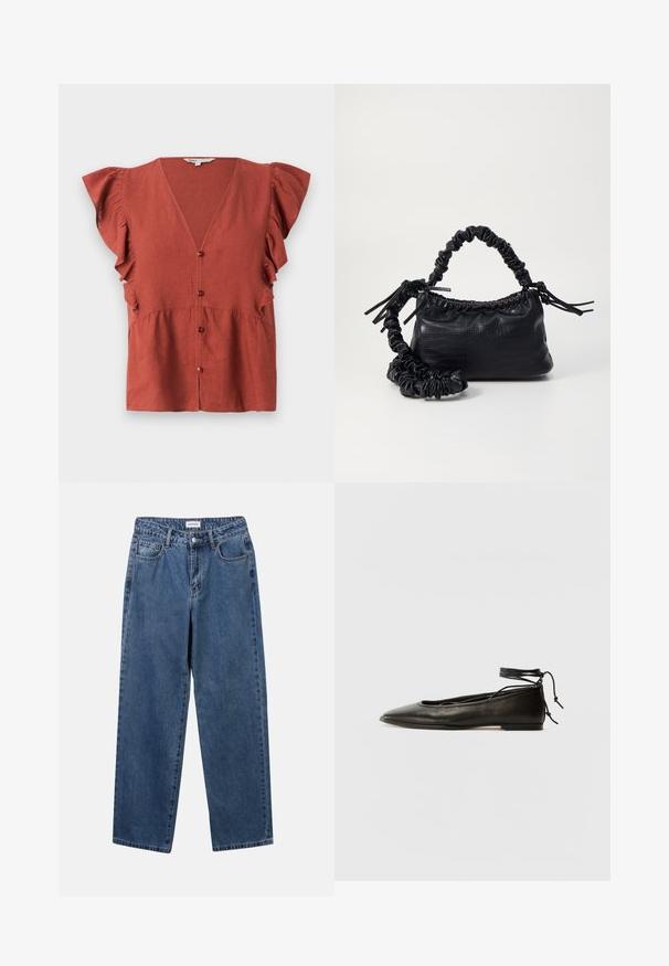 Bluzica rust boje od teksturiranog materijala, s V-izrezom, naboranim rukavima i dugmadi koje se zatvaraju sprijeda.; Klasične plave traperice s ravnim nogavicama, pet džepova i dugmadom za zatvaranje. Imaju srednje pranje i čvrstu teksturu.; Crne kožne baletanke s oštrim prstom, vezanjem oko članaka i ravnim potplatom, s glatkom teksturom i minimalističkim dizajnom.; Crna torba od umjetne kože s teksturom krokodila, s cinčanim vrhom i naboranom trakom. Izgleda mekano i kompaktno u dizajnu.