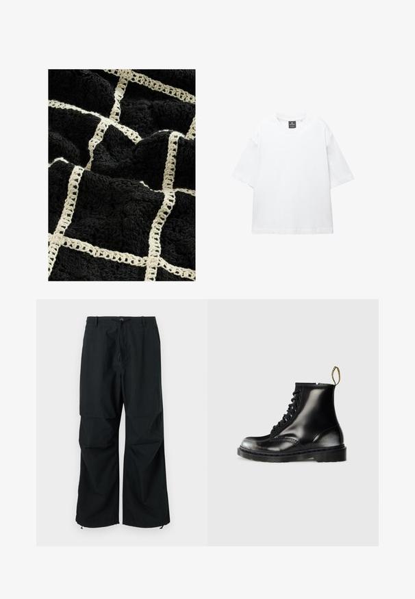 Sort tekstureret tæppe med et vævet cremekmønster i gitter, prydet med hævede blomstermotiver og en blød, fyldig overflade.; Hvid kortærmet T-shirt lavet af bomuld, med rund halsudskæring og løs pasform med lige kant. Ingen mønstre eller udsmykninger.; Sorte, vide benbukser med snoreliv og elastiske kanter. Lavet af letvægtigt, tekstureret stof. Simpelt design.; Sorte læder ankelstøvler med en blank finish, otte huller, sorte snørebånd og et trækstrop. Har en tekstureret sål med mønster.