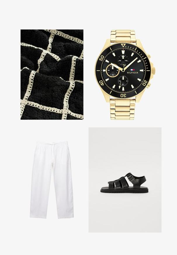 Coperta nera texturizzata con un motivo a griglia color crema intrecciato, caratterizzata da disegni floreali in rilievo e una finitura morbida e pelosa.; Pantaloni bianchi, larghi e realizzati in tessuto leggero. Presentano un elastico in vita con cordino e due tasche laterali.; Sandali in pelle nera con cinturini intrecciati, fibbia laterale per la regolazione, suola piatta e battistrada testurizzato per una migliore aderenza.; Orologio in metallo color oro con quadrante nero, indicatori luminosi e tre sotto-quadranti. Presenta un cinturino testurizzato e il logo “HILFIGER” al centro.; Orecchini a croce in oro con una finitura liscia e un gancio appeso, caratterizzati da un design semplice e allungato. Ogni croce è uniforme in dimensione.