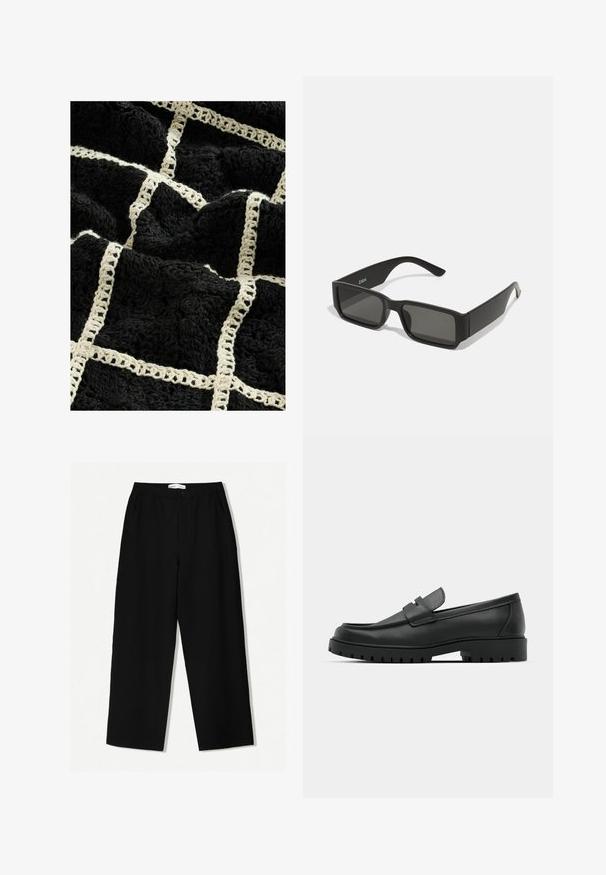Zwarte textuurde deken met een geweven crèmekleurig rasterpatroon, met verhoogde bloemontwerpen en een zachte, pluizige afwerking.; Zwarte wijde broek van textuurstof, met een elastische tailleband en zijzakken. Eenvoudig, minimalistisch ontwerp zonder versieringen.; Zwarte leren instappers met een ronde neus, voorzien van een gestikt ontwerp, een lage platformzool en een gestructureerde, grof rubberen buitenzool.; Zwarte zonnebril met rechthoekige lenzen, matte plastic montuur en rechte randen. Bevat het merkteken op de binnenarm.