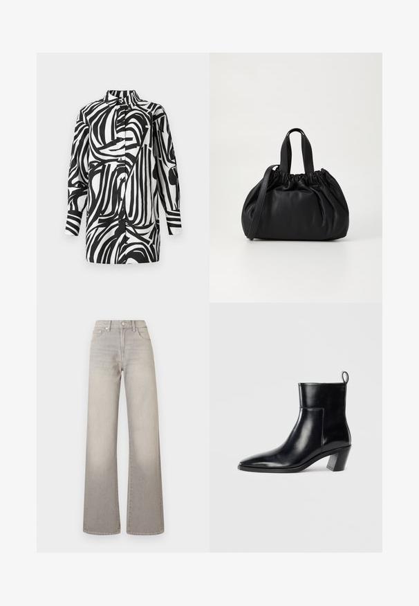 Juoda balta marškinėliai su ryškiu abstrakčiu dryžuotu raštu; apykaklės dizainas su sagomis priekyje ir ilgomis rankovėmis. Lygi audinio tekstūra.; Pilki plačių kojų džinsai su išblukusiu apdailos efektu, mygtukų uždarymu, penkių kišenių dizainu ir siuvinėjimu palei siūles.; Juodas odinis kulkšninis botas su smailiu pirštu, geometriniu krūviniu kulnu ir traukimo juostele gale. Lygi tekstūra ir elegantiškas dizainas.; Juoda odinė rankinė su susiraukšlėjusiu viršumi, su dviem trumpomis rankenėlėmis ir ilga reguliuojama juosta. Lygus paviršius, apvalios formos.