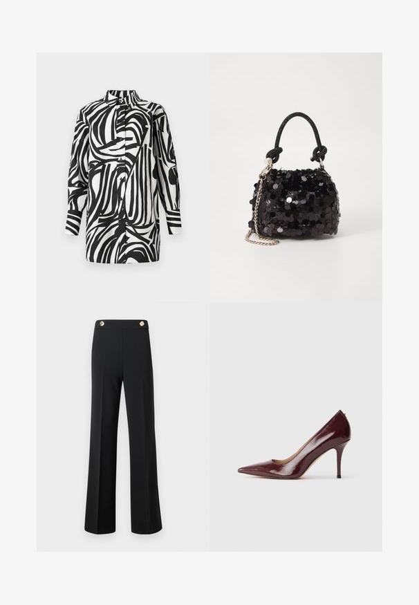 Camisola preta e branca com padrão abstrato de riscas marcantes; design com gola, botões na frente e mangas compridas. Textura suave do tecido.; Calças largas de cintura alta pretas com costuras na frente e dois botões dourados na cintura, contra um fundo branco.; Sapato pump de verniz borgonha com ponta fina, vamp baixo e um elegante salto stiletto. Textura suave e design minimalista.; Mala mini preta de lantejoulas com uma alça texturizada em nó e corrente prateada. Forma arredondada com parte superior pregueada e detalhes reflexivos.