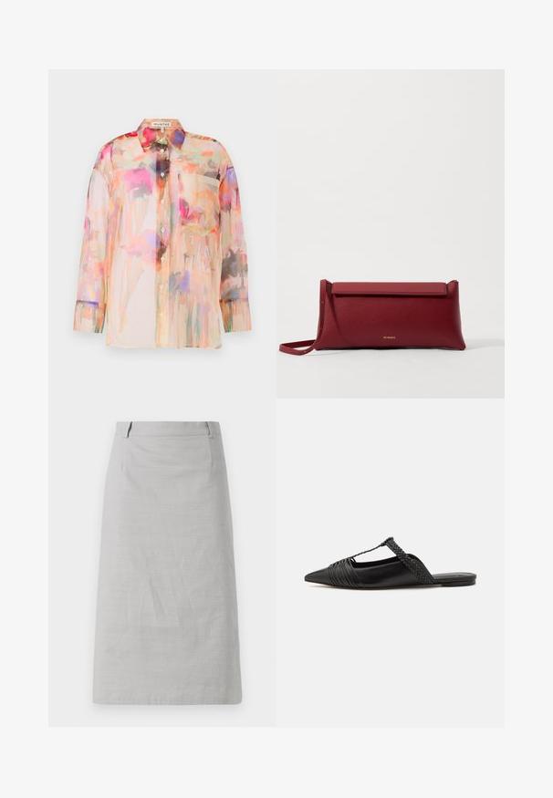 Ohut, pitkähihainen paita pastellisävyissä, jossa on kukkavärimaalauskuvio, kaulus, edessä napit ja rintatasku.; Harmahameinen kynähame, jossa on sileä pinta, tiukka muoto ja tasainen vyötärö, jossa on saumat sivuilla eikä näkyviä kuvioita tai koristeita.; Musta nahkasandaali, jossa on terävä kärki, somistettuna kudotulla yksityiskohdalla ja pleatatuilla yläosilla. Litteä pohja, jossa on vähäisiä tarvikkeita.; Punainen nahkainen clutch-muoti, jossa on teksturoitu pinta, litteä taittopäällinen ja lyhyt hihna. Hienovarainen brändilogo edessä.