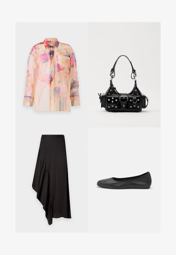 Blusa trasparente con maniche lunghe in tonalità pastello, decorata con un motivo floreale ad acquerello, dotata di colletto, bottoni frontali e taschino sul petto.; AERON ASTER SKIRT - Gonna a tubino - black; Pantofole da balletto nere in pelle con punta arrotondata, texture liscia, dettagli di cucitura minimi e design con suola flessibile.; Borsa a mano in pelle nera con design curvo, caratterizzata da borchie argentate, una fibbia e due tasche laterali. Tracolla regolabile per diverse opzioni di trasporto.