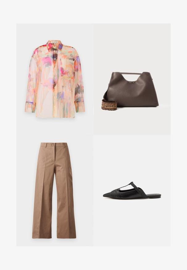 Doorzichtige blouse met lange mouwen in pastelkleuren, voorzien van een bloemenacquarelpatroon, met een kraag, frontknopen en een borstzak.; Bruine wijde broek gemaakt van een gladde stof, met een voorknoopsluiting, twee zijzakken en strakke, op maat gemaakte lijnen.; Zwarte leren slingback schoen met een puntige neus, voorzien van een gevlochten accent en geplooid ontwerp aan de bovenkant. Platte zool met minimale hardware.; Bruine leren handtas met een gestructureerde afwerking, hoekig ontwerp en een kenmerkende bovenhandgreep. Beschikt over een gestreepte geweven riemdetail.